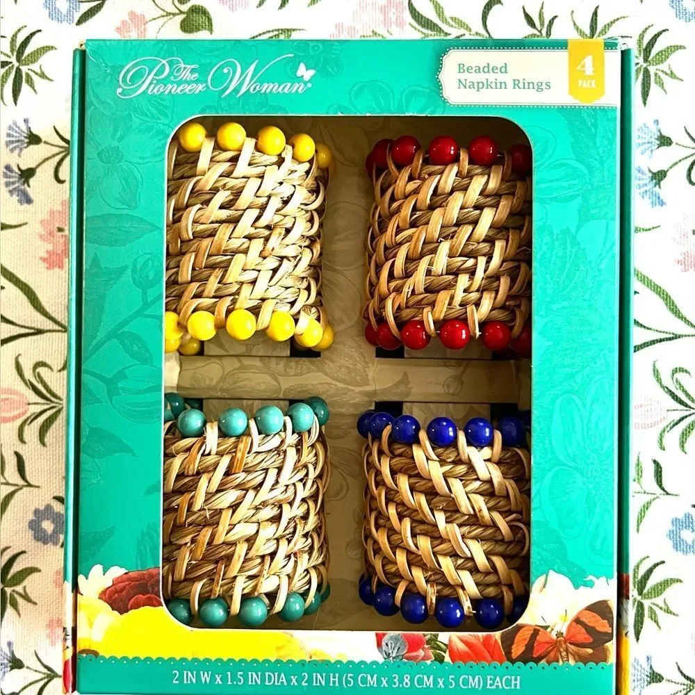 The Pioneer Woman Beaded Wicker Napkin Rings Set 4 Farmhouse Tablescape NWT
